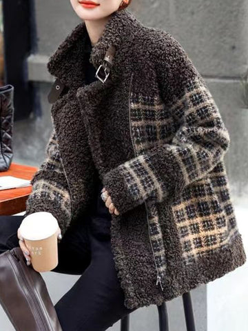 Airchics manteau carreaux imitation peau de mouton teddy poches ceinture col revers femme mode veste